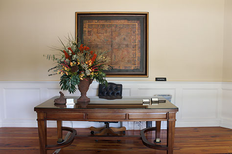 Front desk with a vase